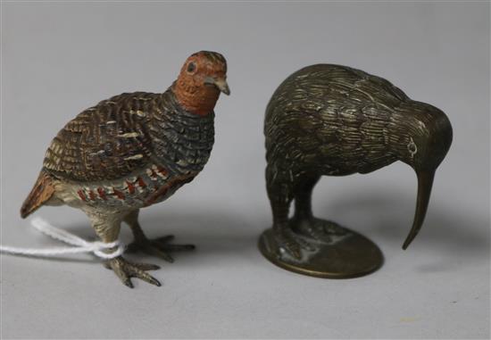 An Austrian cold-painted bronze partridge and a kiwi 5cm, 4cm